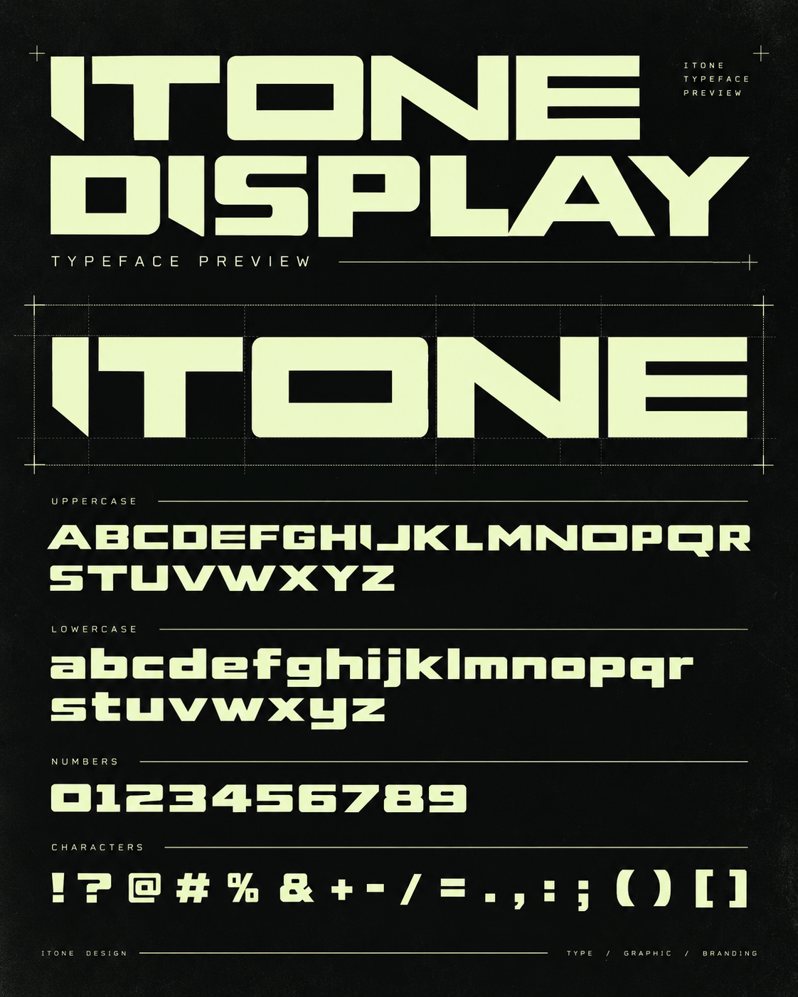 ITone Design Type Preview mit Großbuchstaben, Kleinbuchstaben, Zahlen und Sonderzeichen